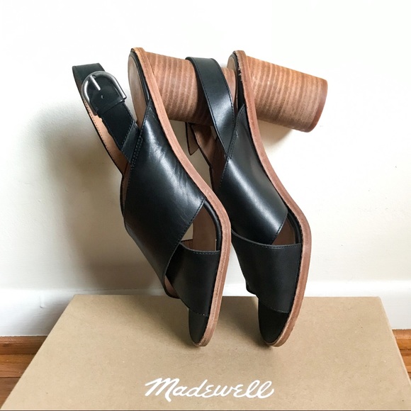 Madewell Black Leather Ruthie Crisscross Cylindrical Block Heel Peep Toe Pump 9 - Picture 6 of 11